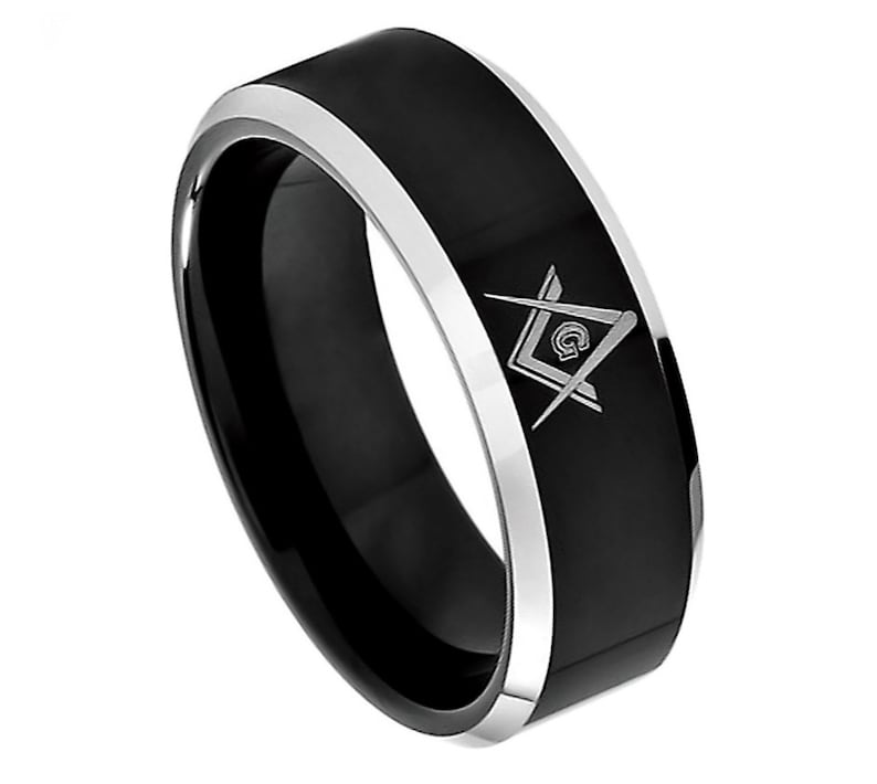 Wife Name Ring Custom Date Ring 8mm Freemason Design Two Tone Tungsten Ring Coordinates Ring Roman Numeral Ring Family Name Ring