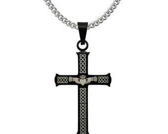 Claddagh Cross Necklace, Men's Two Tone  Celtic Claddagh Cross Necklace,Stainless Steel Cross Necklace IN 24"Curb Chain, Religious Jewelry