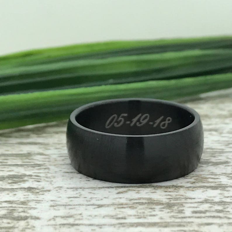 Roman Numeral Ring 8mm Black Tungsten Ring Coordinates Ring Engraved Wedding Date Ring Initial Ring for Her Custom Promise Ring for Him