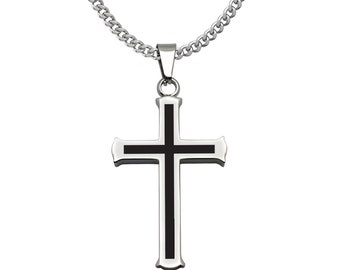 Cross Necklace, Men's Two Tone  Cross Necklace,Stainless Steel Cross Necklace IN 24"Curb Chain, Religious Jewelry for Men & Women