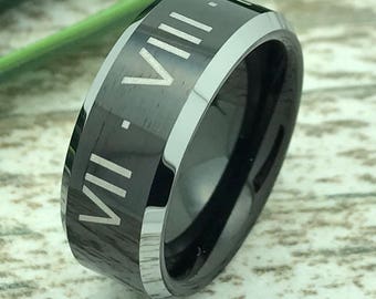 8mm Two Tone Tungsten Ring, Wedding Date Ring, Roman Numeral Ring, Coordinates Ring, Couple Promise Ring, Purity Ring, Wife Name Ring