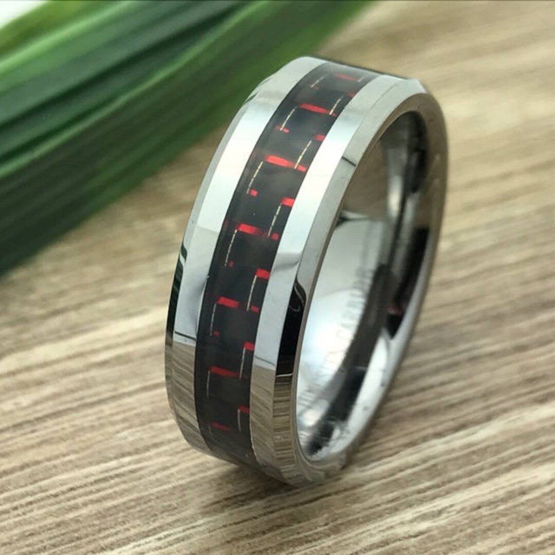 8mm Red Carbon Fiber Tungsten Ring, Engraved Wedding Date Ring, Roman