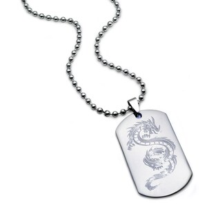 Dragon Necklace, Personalized Stainless Steel Dog Tag Necklace with Engraved Dragon Design, Dog Tag Necklace 24 Inches