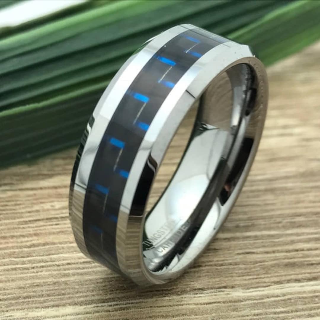 8mm Blue Carbon Fiber Tungsten Ring, Engraved Wedding Date Ring, Roman