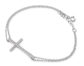 Sideways Cross Bracelet,  Cross Bracelet with CZ,  Sterling Silver Cross Bracelet, Holy Religious Bracelet, Christian Jewelry