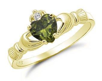 Claddagh Ring, Peridot CZ Claddagh Ring, Gold Plated 925 Sterling Silver Promise Ring, Engagement Ring, Purity Ring, Friendship Ring