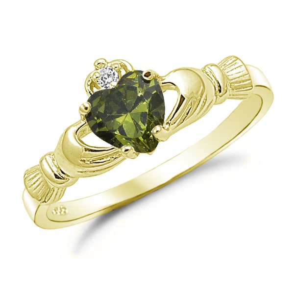 Claddagh Ring, Peridot CZ Claddagh Ring, Gold Plated 925 Sterling Silver Promise Ring, Engagement Ring, Purity Ring, Friendship Ring