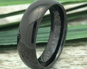 Black Tungsten Ring, Engraved Date Ring, Couples Names Ring, Roman Numeral Ring, Coordinates Ring, Couple Promise Ring, Wife Name Ring-6mm