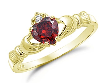 Claddagh Ring, Garnet CZ Claddagh Ring, Gold Plated 925 Sterling Silver Promise Ring, Engagement Ring, Purity Ring, Friendship Ring