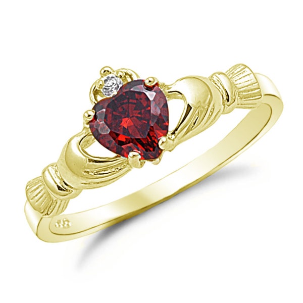 Claddagh Ring, Garnet CZ Claddagh Ring, Gold Plated 925 Sterling Silver Promise Ring, Engagement Ring, Purity Ring, Friendship Ring