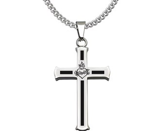 Cross Necklace, Men's Two Tone  Cross and Heart Necklace,Stainless Steel Cross Necklace IN 24"Curb Chain, Religious Jewelry for Men & Women