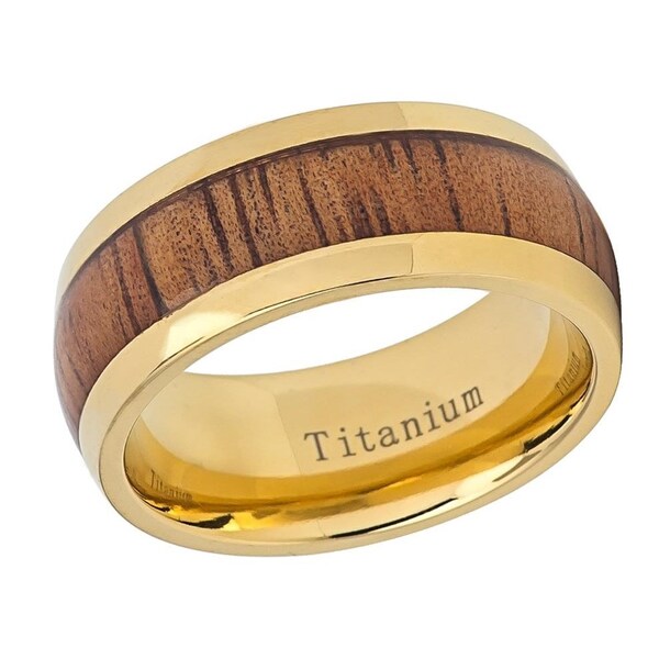 Bague de mariage en titane de 9 mm, bague de mariage en titane plaqué or jaune personnalisée avec gravure personnalisée Koa Inla hawaïen, cadeau de fête des pères GRAVURE GRATUITE