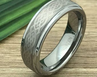 7mm Celtic Tungsten Ring, Engraved Date Ring, Couples Names Ring, Roman Numeral Ring, Coordinates Ring, Couple Promise Ring