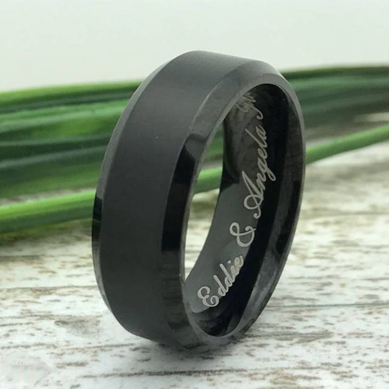 8mm Black Titanium Ring Ring for Fiance Wife Name Ring Couple Promise Ring Couples Names Ring Engraved Date Ring Roman Numeral Ring
