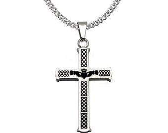 Claddagh Cross Necklace, Men's Two Tone  Celtic Claddagh Cross Necklace,Stainless Steel Cross Necklace IN 24"Curb Chain, Religious Jewelry