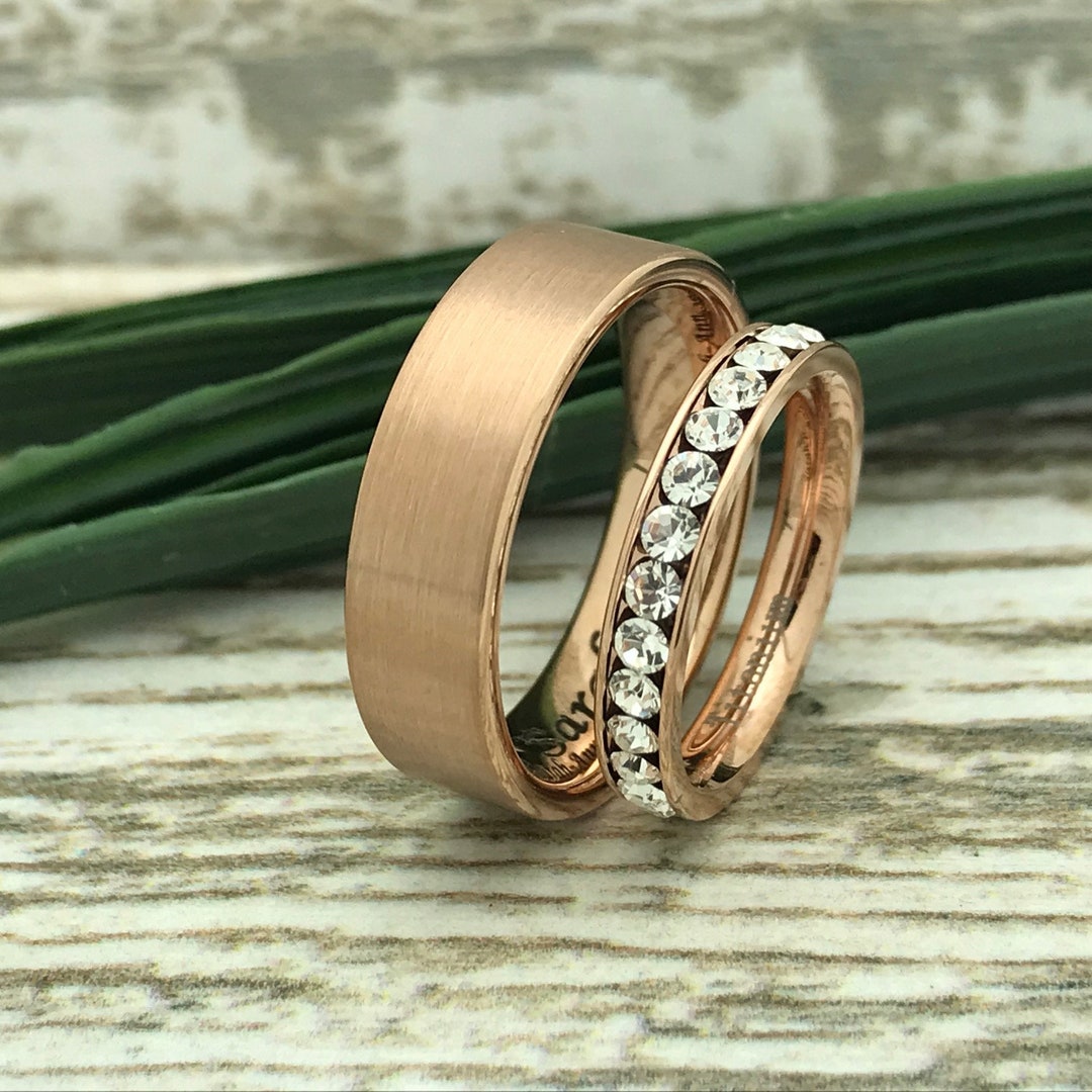 His and Hers Rose Gold Tungsten Rings, Personalized Wedding Rings ...