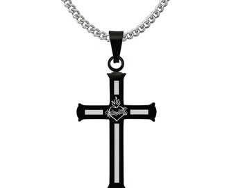 Cross Necklace, Men's Two Tone  Cross and Heart Necklace,Stainless Steel Cross Necklace IN 24"Curb Chain, Religious Jewelry for Men & Women