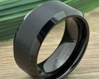 10mm Titanium Ring, Black Titanium Ring for Men Engagement Wedding Band Beveled Edges Matte Finish Comfort Fit