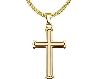 Men's Cross Necklace,Gold IP Plated Stainless Steel Cross Necklace IN 24"Curb Chain, Religious Jewelry, Christian Jewelry