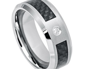 8mm Tungsten Ring  0.07ct Diamond Tungsten Ring,  Black Carbon Fiber Inlay,Personalized  Engraved Wedding Ring FREE Engraving