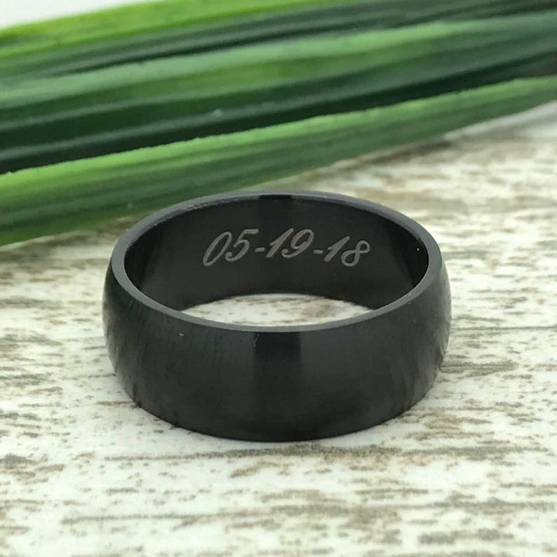 Roman Numeral Ring 8mm Black Tungsten Ring Coordinates Ring Engraved Wedding Date Ring Initial Ring for Her Custom Promise Ring for Him