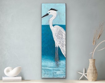 Crane Bird Art, Heron Painting, Egret Bird Painting, Beach House Decor, Wall Decor, Coastal Art, Original Art, Tropical Island Theme