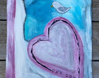 Heart Painting, Bird Painting, Bird Art, Abstract Art, One Love Painting, Blue & White Abstract Art, Coastal Theme, Beach Art