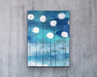 Floral Art Painting, White Dandelion Art, White Flower Painting, Dandelions Abstract Art, Flowers Art, Blue Abstract Painting, Floral Theme