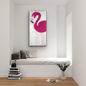 Pink Flamingo Bird Art, Pink Flamingo Painting, Canvas Painting, Beach House Decor, Living Room Wall Decor, Coastal Art