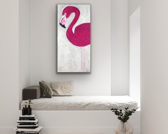 Pink Flamingo Bird Art, Pink Flamingo Painting, Canvas Painting, Beach House Decor, Living Room Wall Decor, Coastal Art