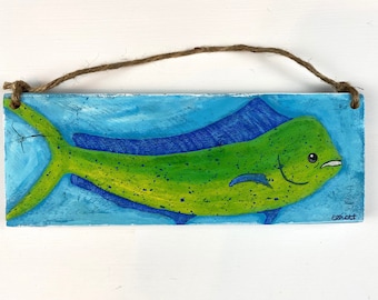 Tropical Fish Art, Fish Painting, Beach Cottage Decor, Living Room Wall Decor, Fish Sign, Coastal Art, Mahi Mahi Fish, Nautical