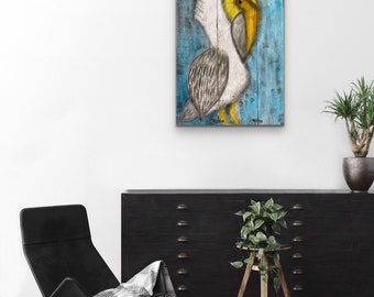 Pelican Bird Art, Pelican Bird Painting, Coastal Decor, Living Room Wall Decor, Pelican Sign