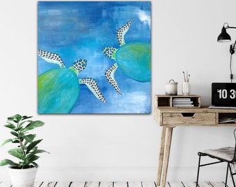 Sea Turtle Art, Sea Turtle Painting, Canvas Painting, Beach House Decor, Living Room Wall Decor, Coastal Art