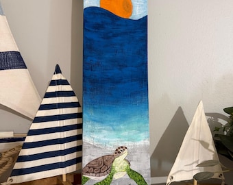 Sea Turtle Painting, Beach House Sign, Ocean Painting, Coastal Decor, Tropical Theme, Seascape Painting, Sea Turtle Art, Sunrise Art