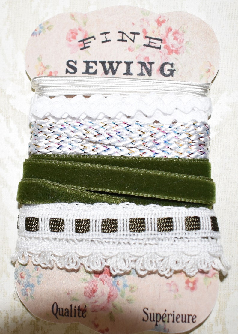 Velvet Lace Ribbon Green White Rick Rack Ribbon Bundle #1216 Junk Journal Ephemera Mixed Media Collage Craft Supplies