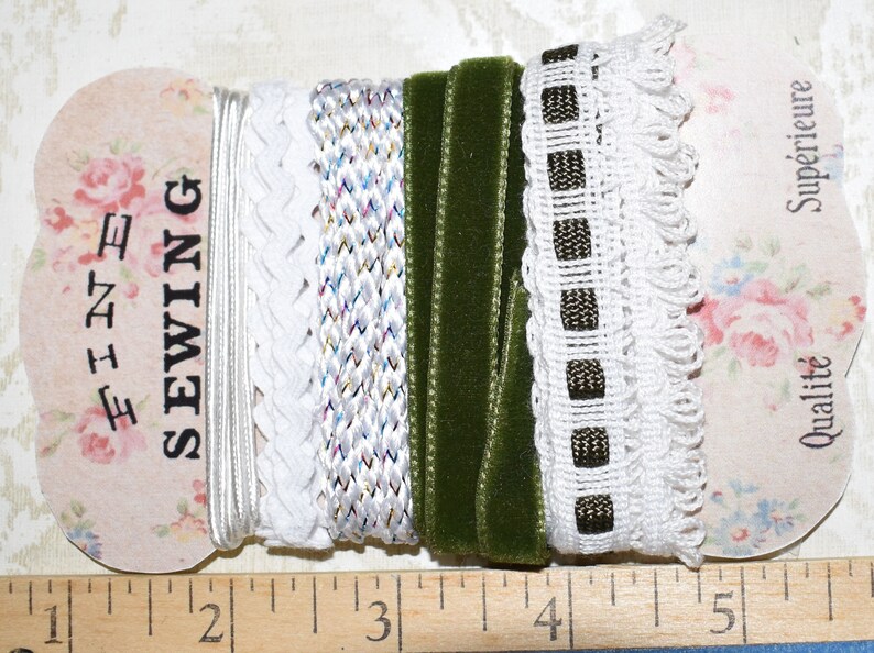 Velvet Lace Ribbon Green White Rick Rack Ribbon Bundle #1216 Junk Journal Ephemera Mixed Media Collage Craft Supplies