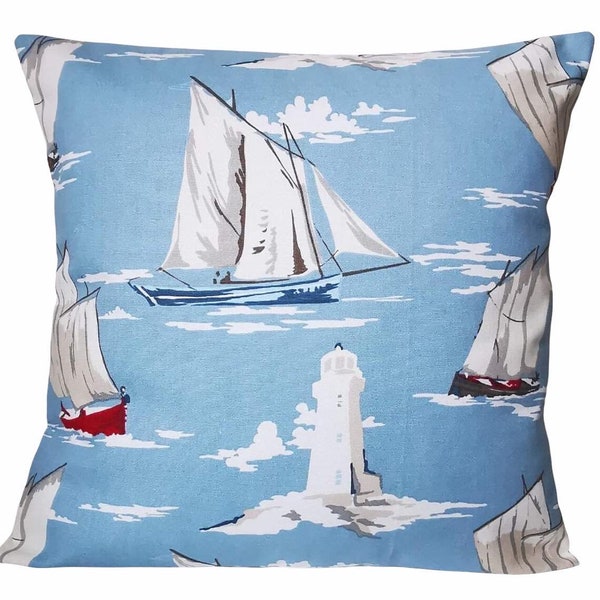 Sailing boats cushion cover - Lighthouse cushion cover - Nautical cushion cover - Coastal - Seaside - Yachts - Luggers - 100% cotton fabric