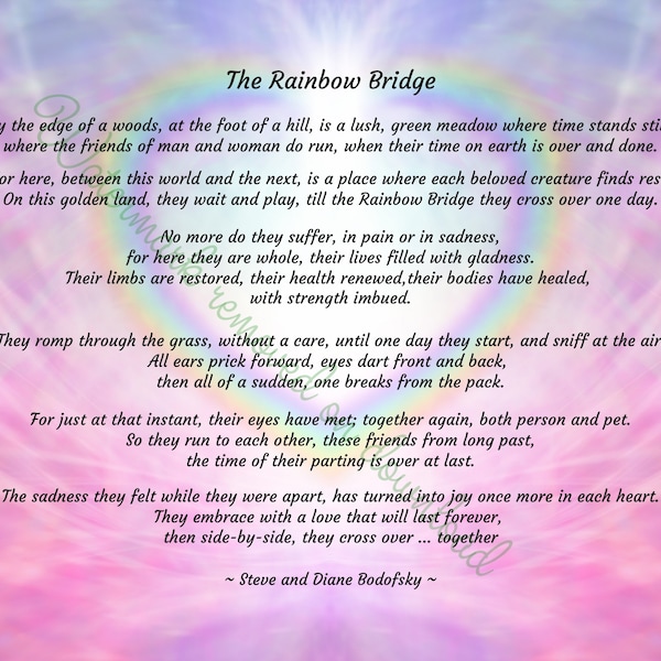 The Rainbow Bridge poem - Pet bereavement - Digital file download - 10" x 8". JPG and PDF. Pet loss. Pet sympathy. Dog, Cat.