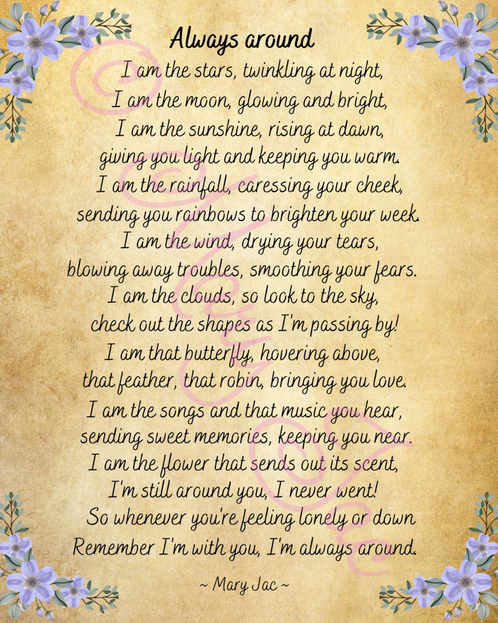 Bereavement Comfort Poem - Inspirational Poem - Always Around Poem ...