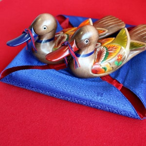 Hand-carved, Woodcraft, Wedding Duck, Silk Giftwrap, Collectible, Asian Home Decor, Korean Artisan, Thanksgiving, Wedding, Anniversary Gift