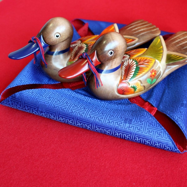 Hand-carved, Woodcraft, Wedding Duck, Silk Giftwrap, Collectible, Asian Home Decor, Korean Artisan, Thanksgiving, Wedding, Anniversary Gift