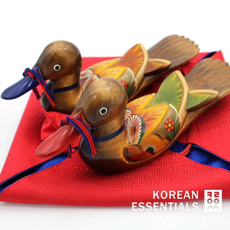 Hand-carved, Woodcraft, Wedding Duck, Silk Giftwrap, Collectible, Asian Home Decor, Korean Artisan, Thanksgiving, Wedding, Anniversary Gift image 7