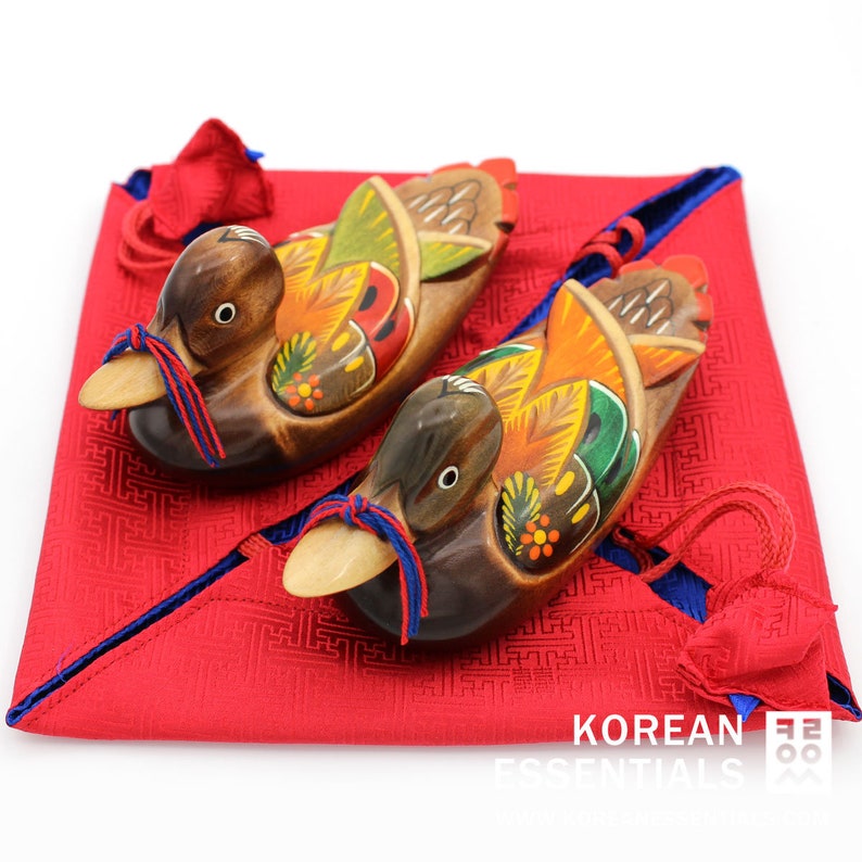 Hand-carved, Woodcraft, Wedding Duck, Silk Giftwrap, Collectible, Asian Home Decor, Korean Artisan, Thanksgiving, Wedding, Anniversary Gift image 3