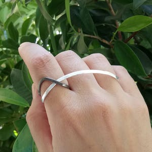 silver three finger ring, long linear double ring, big statement ring, minimalist ring