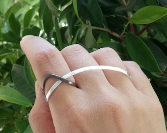 silver three finger ring, long linear double ring, big statement ring, minimalist ring