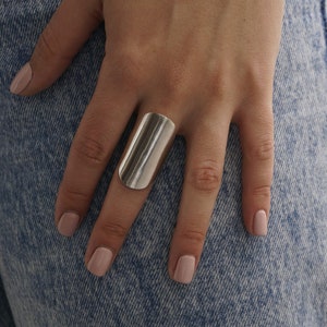 Big silver armor ring, statement ring, long adjustable bohemian ring, full finger rings for women.