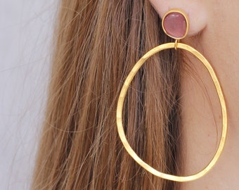 Statement golden hoops, large oval hoops, pink enamel, minimal chic sculpture earrings,  gift for her