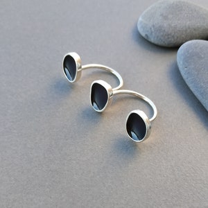 Three finger silver ring black enamel, gift for girlfriend