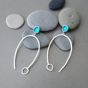 Dangle and drop long turquoise earrings, long silver earrings. image 1