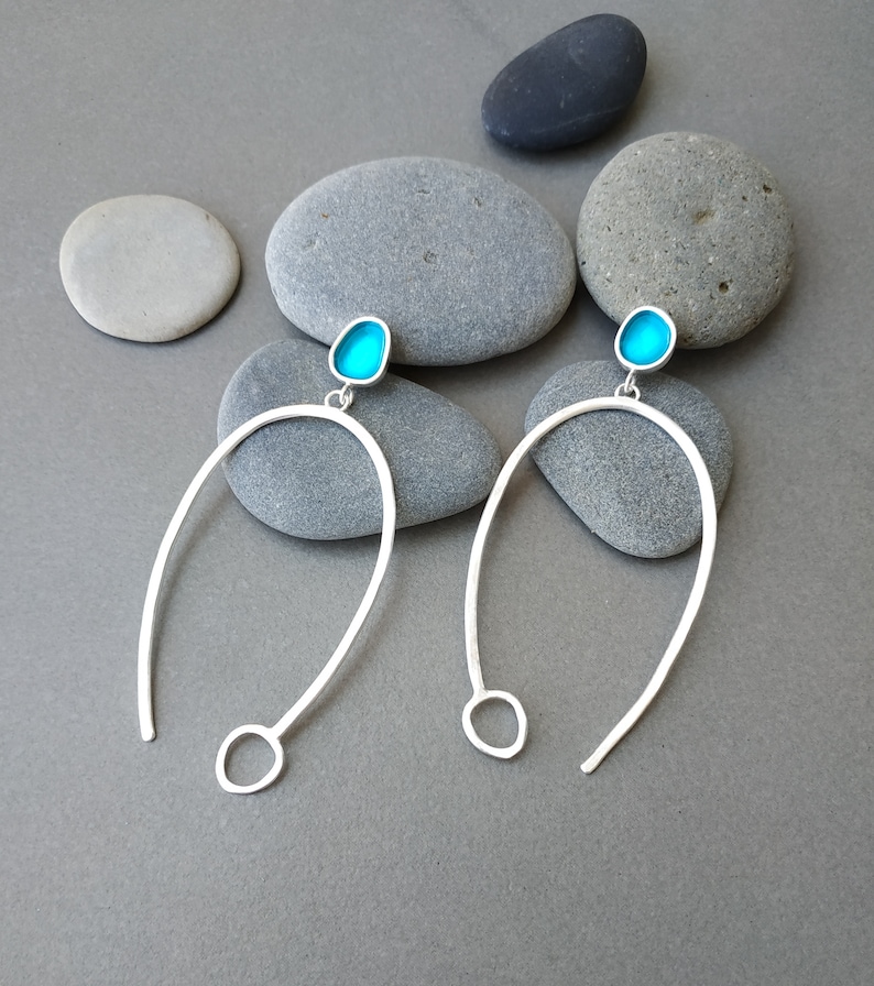 Dangle and drop long turquoise earrings, long silver earrings. image 1